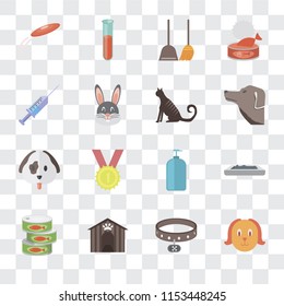 Set Of 16 transparent icons such as Dog, Collar, Kennel, Canned food, Litter box, Frisbee, Syringe, Cat, transparency icon pack, pixel perfect