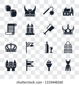 Set Of 16 transparent icons such as Gown, Torch, Flag, Castle, Stained glass, Beer, Scroll, Crown, Cup, transparency icon pack, pixel perfect