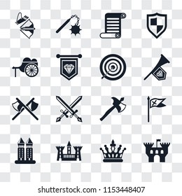 Set Of 16 transparent icons such as Castle, Crown, Tower, Flag, Crossbow, Wheelbarrow, Axes, Archery, transparency icon pack, pixel perfect