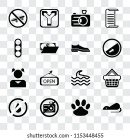 Set Of 16 transparent icons such as Rats, Pet, No camera, water, Shopping basket, Skateboard, Traffic light, Girl, Shoes, transparency icon pack, pixel perfect