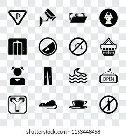 Set Of 16 transparent icons such as No alcohol, Coffee cup, Rats, Junction, Open, Parking, Lift, Girl, turn, transparency icon pack, pixel perfect
