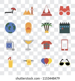 Set Of 16 transparent icons such as Sunglasses, Balloon, Towel, Cocktail, Phone, Sunbed, Travel, Oxygen tank, Palm tree, transparency icon pack, pixel perfect