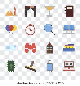 Set Of 16 transparent icons such as Booking, Suitcases, Stamp, Postage, Cruise, Landmark, Balloon, Postcards, Search, transparency icon pack, pixel perfect