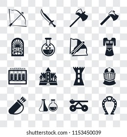 Set Of 16 transparent icons such as Horseshoe, Trebuchet, Alchemy, Quiver, Helmet, Bow and arrow, Stained glass window, Crossbow, transparency icon pack, pixel perfect