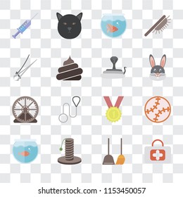 Set Of 16 transparent icons such as First aid, Dustpan, Scratching, Aquarium, Toy, Syringe, Nail trimmer, Hamster ball, Snake, transparency icon pack, pixel perfect
