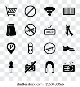 Set Of 16 transparent icons such as Camera, Magnet, No camera, Mannequin, Shoes, Shopping cart, Paper bag, Parking, Closed, transparency icon pack, pixel perfect