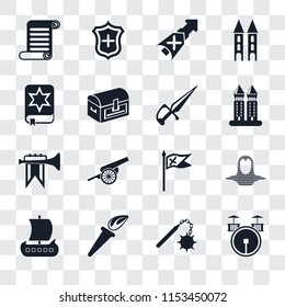 Set Of 16 transparent icons such as Drum, Morning star, Torch, Viking ship, Coif, Scroll, Spellbook, Fanfare, Dagger, transparency icon pack, pixel perfect