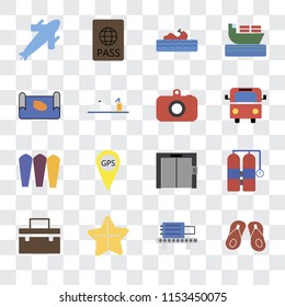 Set Of 16 transparent icons such as Flip flops, Check out, Starfish, Suitcase, Aqualung, Plane, Map, Surfing, Camera, transparency icon pack, pixel perfect