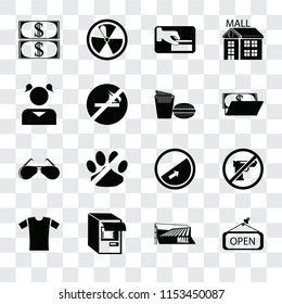 Set Of 16 transparent icons such as Open, Mall, Atm, Shirt, Gun, Money, Girl, Glasses, Fast food, transparency icon pack, pixel perfect