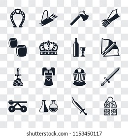 Set Of 16 transparent icons such as Stained glass, Sword, Alchemy, Trebuchet, Horseshoe, Beer, Excalibur, Wine, transparency icon pack, pixel perfect
