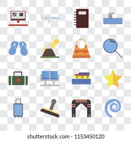 Set Of 16 transparent icons such as Seashell, Arch, Stamp, Suitcases, Star, Booking, Flip flops, Suitcase, Bag, transparency icon pack, pixel perfect