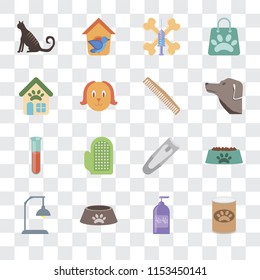 Set Of 16 transparent icons such as Pet food, Shampoo, Dog Lamp, Bowl, Cat, shop, Test tube, Comb, transparency icon pack, pixel perfect