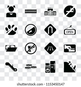 Set Of 16 transparent icons such as Falling rocks, Electrical appliances, Coins, Escalator, Card payment, Girl, No pets, Wallet, Turn, transparency icon pack, pixel perfect