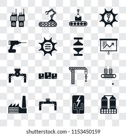 Set Of 16 transparent icons such as Refinery, Electricity, Pipe, Factory, Conveyor, Walkie talkie, Drill, Pump, Machine press, transparency icon pack, pixel perfect