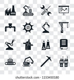 Set Of 16 transparent icons such as Walkie talkie, Pick, Digger, Conveyor, Book, Factory, Pump, Robot arm, Robotic transparency icon pack, pixel perfect