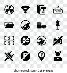 Set Of 16 transparent icons such as Girl, Parking, No parking, plug, camera, Radiation, Wallet, Money, Fast food, transparency icon pack, pixel perfect