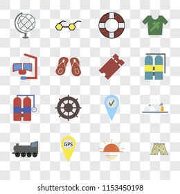 Set Of 16 transparent icons such as Swimsuit, Sunset, Gps, Railway, Room service, Globe, Snorkel, Aqualung, Tickets, transparency icon pack, pixel perfect