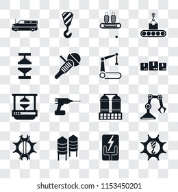 Set Of 16 transparent icons such as Machinery, Electricity, Silo, Settings, Industrial robot, Cargo truck, Machine press, Robotic arm, transparency icon pack, pixel perfect