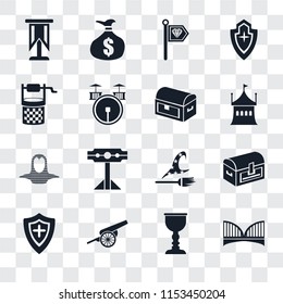 Set Of 16 transparent icons such as Bridge, Goblet, Cannon, Shield, Chest, Standard, Water well, Coif, transparency icon pack, pixel perfect