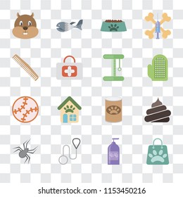 Set Of 16 transparent icons such as Shopping bag, Shampoo, Leash, Spider, Poop, Hamster, Comb, Toy, Platform, transparency icon pack, pixel perfect