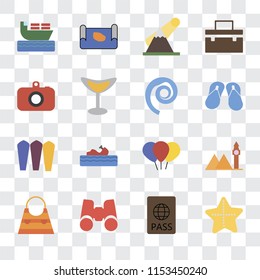 Set Of 16 transparent icons such as Starfish, Passport, Binoculars, Bag, Landmark, Ship, Camera, Surfing, Seashell, transparency icon pack, pixel perfect