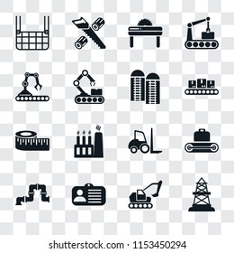 Set Of 16 transparent icons such as Oilfield, Excavator, Id card, Pipe, Conveyor, Elevator, Measure, Silo, transparency icon pack, pixel perfect