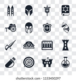 Set Of 16 transparent icons such as Poison, Castle, Archery, Quiver, Tower, Wheelbarrow, Dagger, Shield, transparency icon pack, pixel perfect