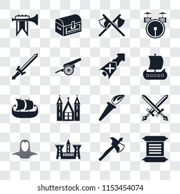 Set Of 16 transparent icons such as Scroll, Axe, Castle, Coif, Swords, Fanfare, Sword, Ship, Lance, transparency icon pack, pixel perfect