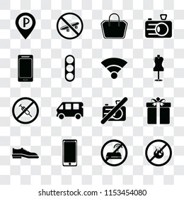 Set Of 16 transparent icons such as No fire, wifi, Smarthphone, Shoes, Gift, Parking, Smartphone, drugs, Wifi, transparency icon pack, pixel perfect