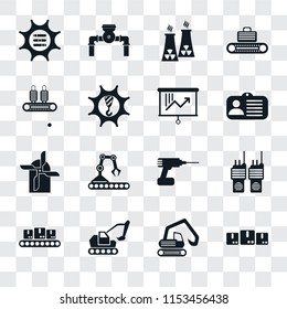 Set Of 16 transparent icons such as Packages, Digger, Excavator, Conveyor, Walkie talkie, Options, Mill, Planning, transparency icon pack, pixel perfect