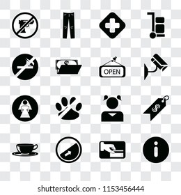 Set Of 16 transparent icons such as Information, Card payment, Slope, Coffee cup, Price, Gun, No smoking, Restroom, Open, transparency icon pack, pixel perfect