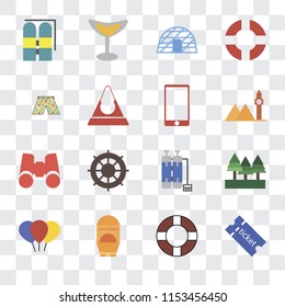 Set Of 16 transparent icons such as Tickets, Lifebuoy, Sun protection, Balloon, Forest, Aqualung, Swimsuit, Binoculars, Phone, transparency icon pack, pixel perfect