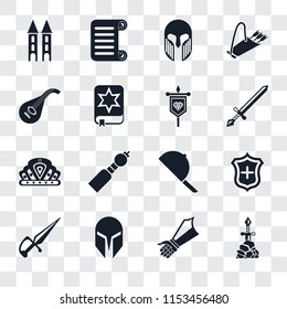 Set Of 16 transparent icons such as Excalibur, Gauntlet, Helmet, Dagger, Shield, Tower, Lute, Crown, Banner, transparency icon pack, pixel perfect