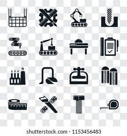 Set Of 16 transparent icons such as Measuring tape, Bolt, Wood cutting, Measure, Silo, Elevator, Conveyor, Factory, Saw, transparency icon pack, pixel perfect