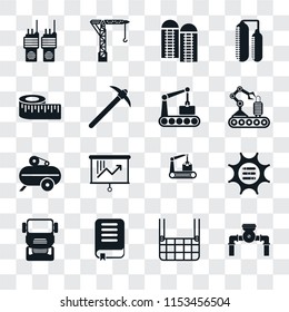 Set Of 16 transparent icons such as Pump, Elevator, Book, Truck, Options, Walkie talkie, Measure, Compressor, Conveyor, transparency icon pack, pixel perfect