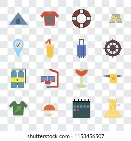 Set Of 16 transparent icons such as Sand castle, Calendar, Sunset, Shirt, Towel, Tent, Check in, Aqualung, Luggage, transparency icon pack, pixel perfect