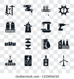 Set Of 16 transparent icons such as Windmill, Switch, Electricity, Conveyor, Factory, Tools, Refinery, Packages, Machine, transparency icon pack, pixel perfect
