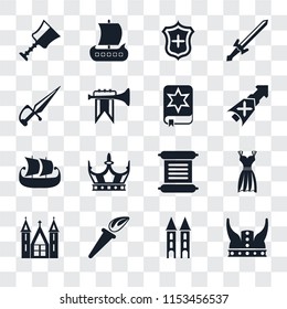 Set Of 16 transparent icons such as Viking, Tower, Torch, Church, Gown, Cup, Dagger, Ship, Spellbook, transparency icon pack, pixel perfect