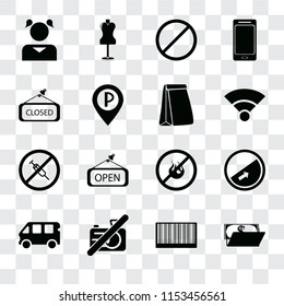 Set Of 16 transparent icons such as Wallet, Barcode, No camera, Bus, Slope, Girl, Closed, drugs, Paper bag, transparency icon pack, pixel perfect