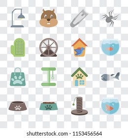 Set Of 16 transparent icons such as Fishbowl, Scratching, Bowl, Dog food, Fish, Lamp, Glove, Shopping bag, Bird house, transparency icon pack, pixel perfect