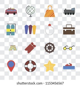 Set Of 16 transparent icons such as Water craft, Starfish, Lifebuoy, Location, Sunglasses, Minivan, Aqualung, Swimsuit, Ring, transparency icon pack, pixel perfect