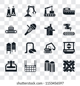 Set Of 16 transparent icons such as Planning, Silo, Elevator, Machine press, Nuclear plant, Conveyor, Mill, transparency icon pack, pixel perfect