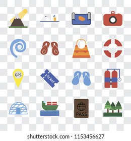 Set Of 16 transparent icons such as Forest, Passport, Ship, Igloo, Aqualung, Mountains, Seashell, Gps, Bag, transparency icon pack, pixel perfect
