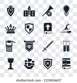 Set Of 16 transparent icons such as Book, Shield, Caravel, Goblet, Alchemy, Crown, Water well, Bible, transparency icon pack, pixel perfect