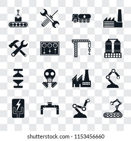 Set Of 16 transparent icons such as Conveyor, Robot arm, Pipe, Electricity, Robotic Tools, Machine press, Crane, transparency icon pack, pixel perfect