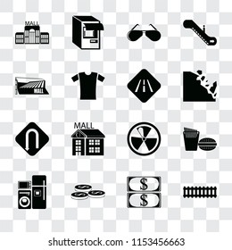 Set Of 16 transparent icons such as Train, Money, Coins, Electrical appliances, Fast food, Mall, Turn, Road, transparency icon pack, pixel perfect