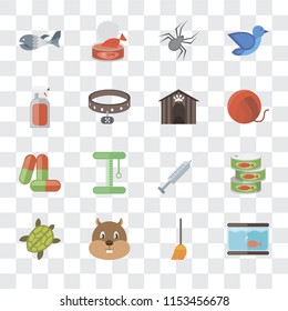 Set Of 16 transparent icons such as Aquarium, Broom, Hamster, Turtle, Canned food, Fish, Spray, Drugs, Kennel, transparency icon pack, pixel perfect