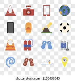 Set Of 16 transparent icons such as Gps, Room service, Flip flops, Seashell, Oxygen tank, Purse, Phone, Bag, Mountains, transparency icon pack, pixel perfect