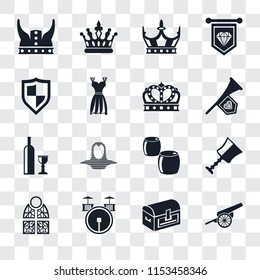 Set Of 16 transparent icons such as Cannon, Chest, Drum, Stained glass, Cup, Viking, Shield, Wine, Crown, transparency icon pack, pixel perfect