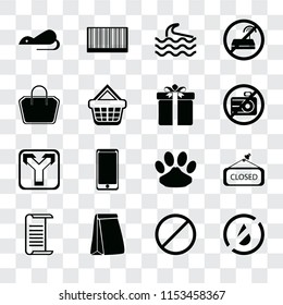 Set Of 16 transparent icons such as No water, Forbidden, Paper bag, List, Closed, Rats, Tote Junction, Gift, transparency icon pack, pixel perfect